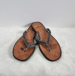 COACH Laurel Leather Silver Gray Bugle Beaded Flip Flop Sandals Size 8